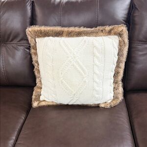 Cream Cable Knit Pillow with Faux Fur Trim